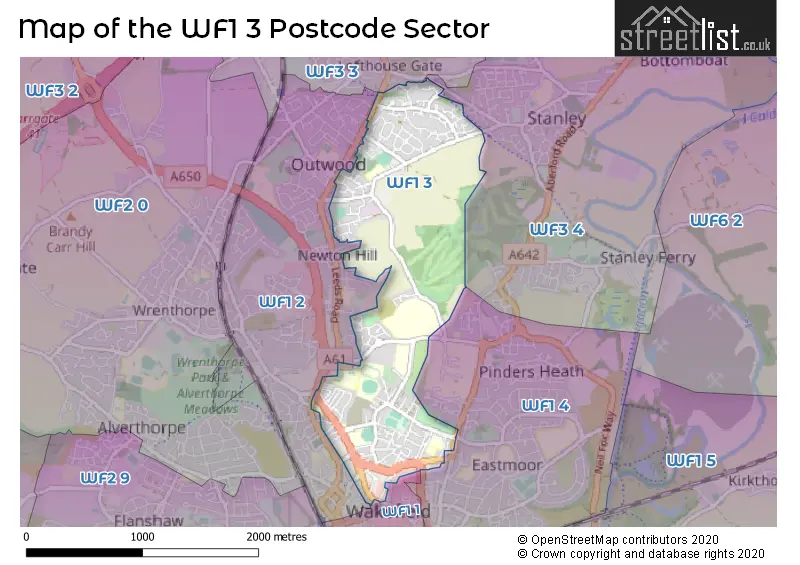 Map of the WF1 3 and surrounding postcode sector
