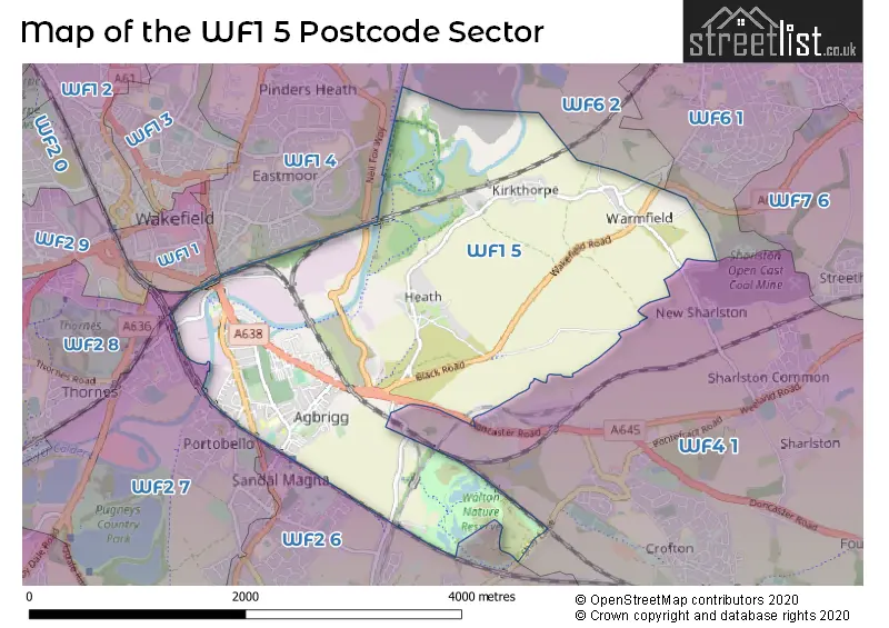 Map of the WF1 5 and surrounding postcode sector