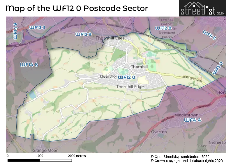 Map of the WF12 0 and surrounding postcode sector