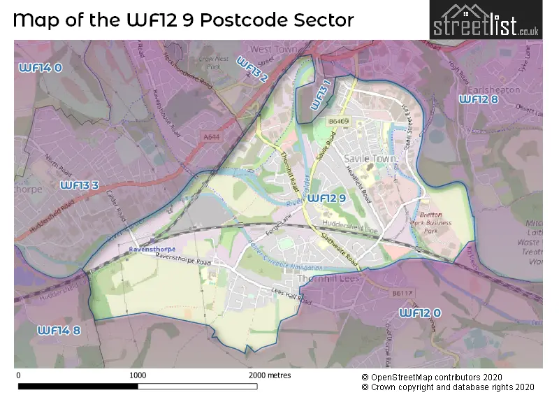 Map of the WF12 9 and surrounding postcode sector