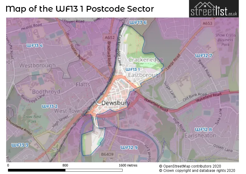 Map of the WF13 1 and surrounding postcode sector