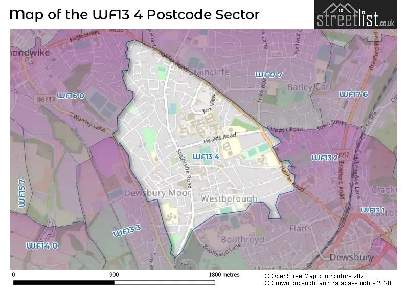 Map of the WF13 4 and surrounding postcode sector