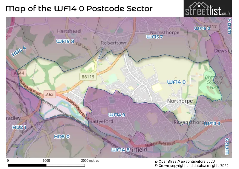 Map of the WF14 0 and surrounding postcode sector