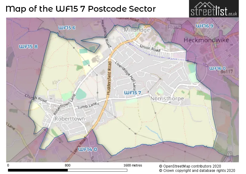 Map of the WF15 7 and surrounding postcode sector
