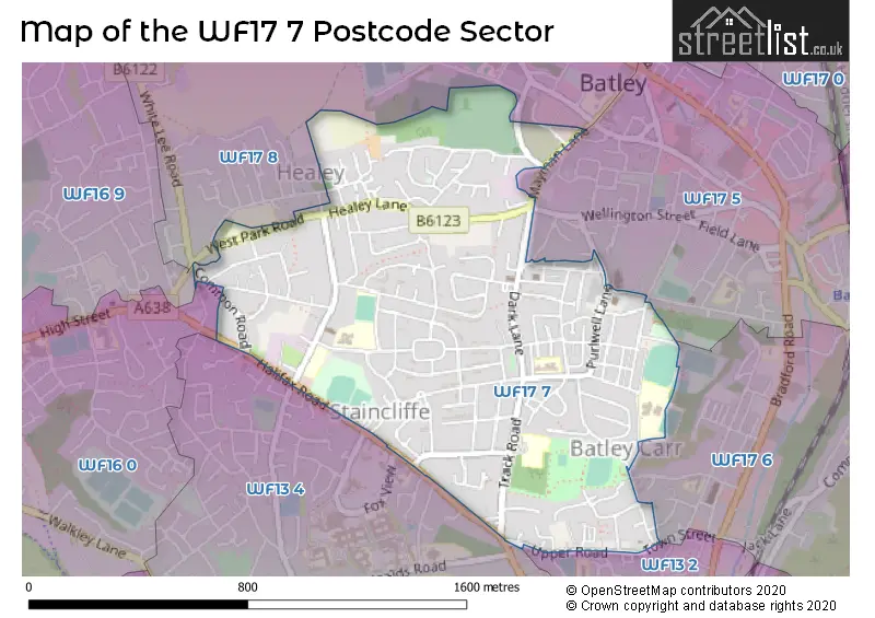 Map of the WF17 7 and surrounding postcode sector
