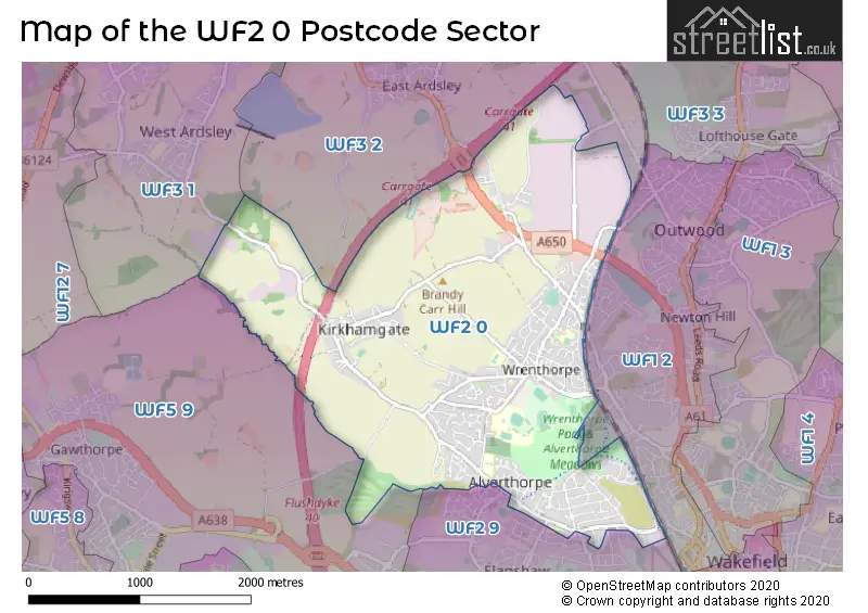 Map of the WF2 0 and surrounding postcode sector