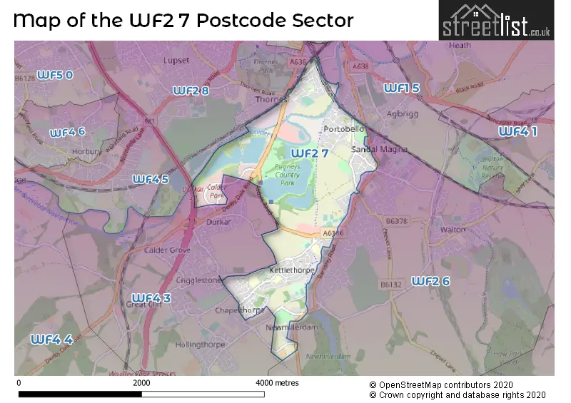 Map of the WF2 7 and surrounding postcode sector