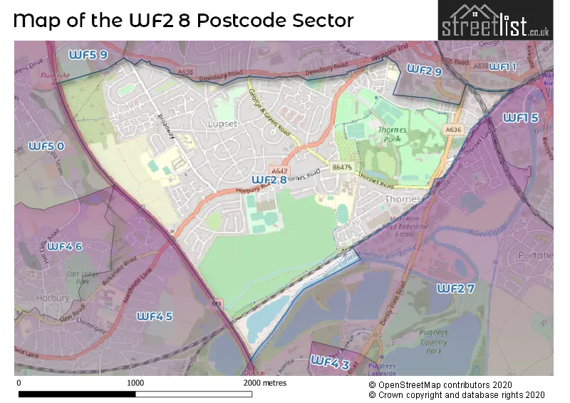 Map of the WF2 8 and surrounding postcode sector