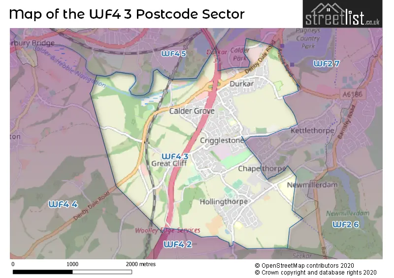 Map of the WF4 3 and surrounding postcode sector
