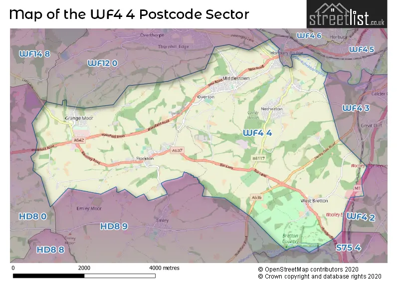 Map of the WF4 4 and surrounding postcode sector