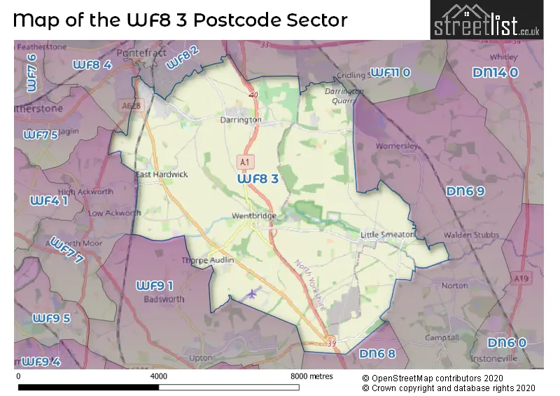 Map of the WF8 3 and surrounding postcode sector