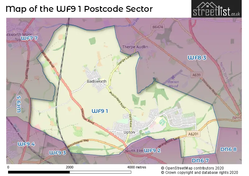 Map of the WF9 1 and surrounding postcode sector