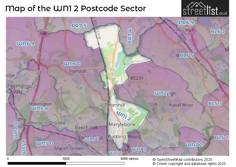 Map of the WN1 2 and surrounding postcode sector