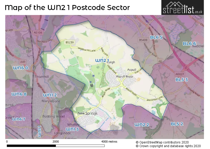 Map of the WN2 1 and surrounding postcode sector