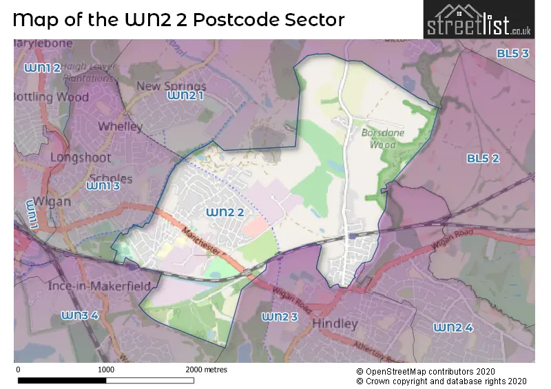 Map of the WN2 2 and surrounding postcode sector