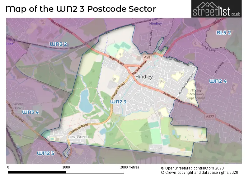 Map of the WN2 3 and surrounding postcode sector
