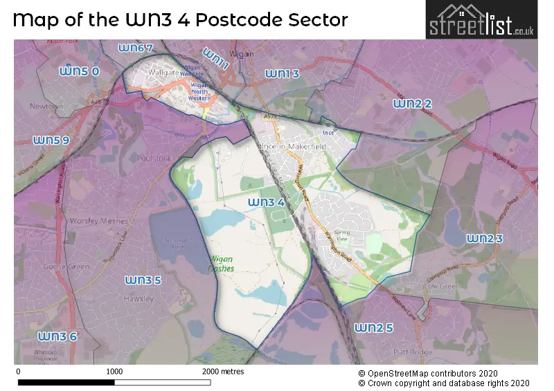 Map of the WN3 4 and surrounding postcode sector