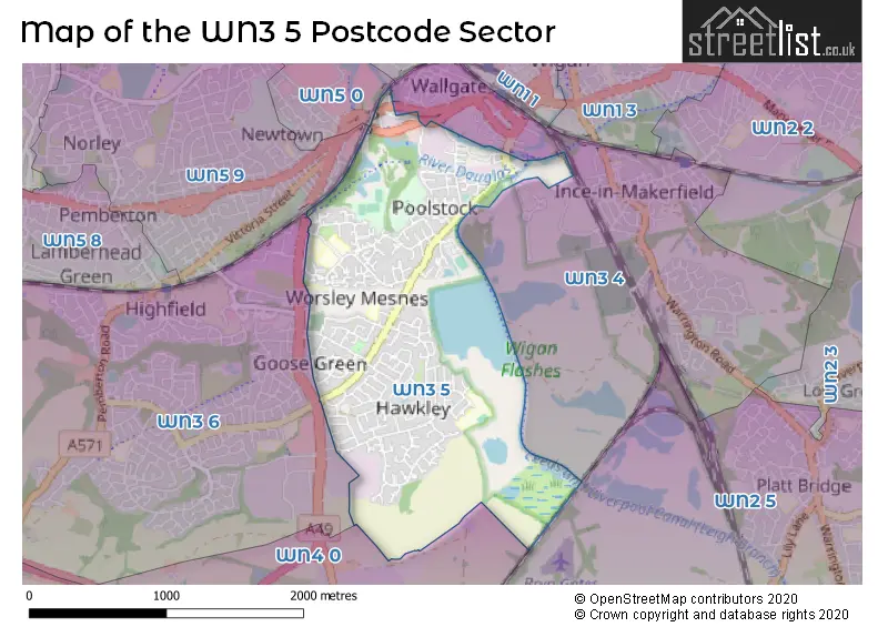 Map of the WN3 5 and surrounding postcode sector