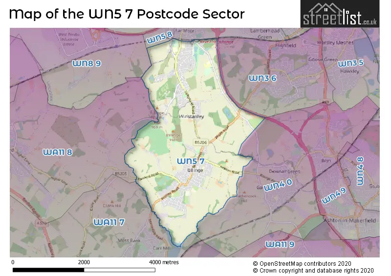 Map of the WN5 7 and surrounding postcode sector