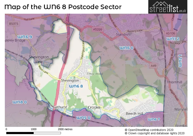 Map of the WN6 8 and surrounding postcode sector