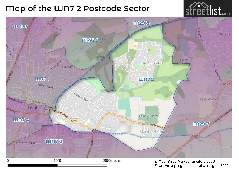 Map of the WN7 2 and surrounding postcode sector