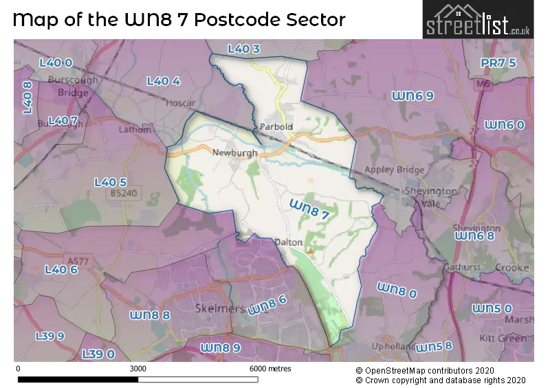 Map of the WN8 7 and surrounding postcode sector