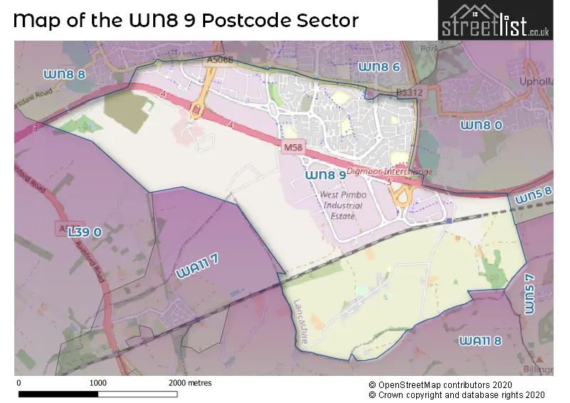 Map of the WN8 9 and surrounding postcode sector
