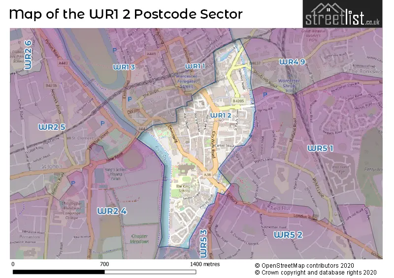 Map of the WR1 2 and surrounding postcode sector
