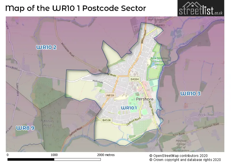 Map of the WR10 1 and surrounding postcode sector