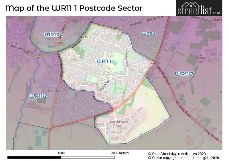 Map of the WR11 1 and surrounding postcode sector