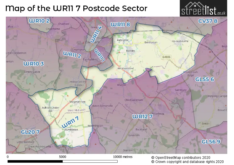 Map of the WR11 7 and surrounding postcode sector