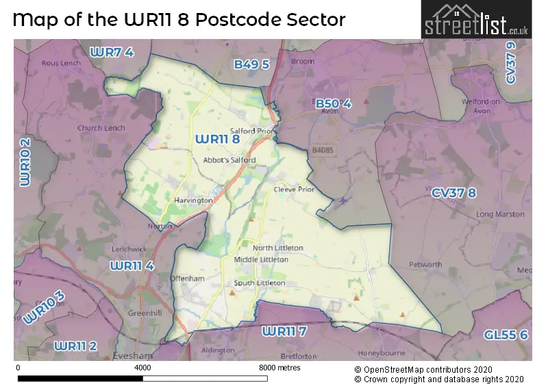 Map of the WR11 8 and surrounding postcode sector