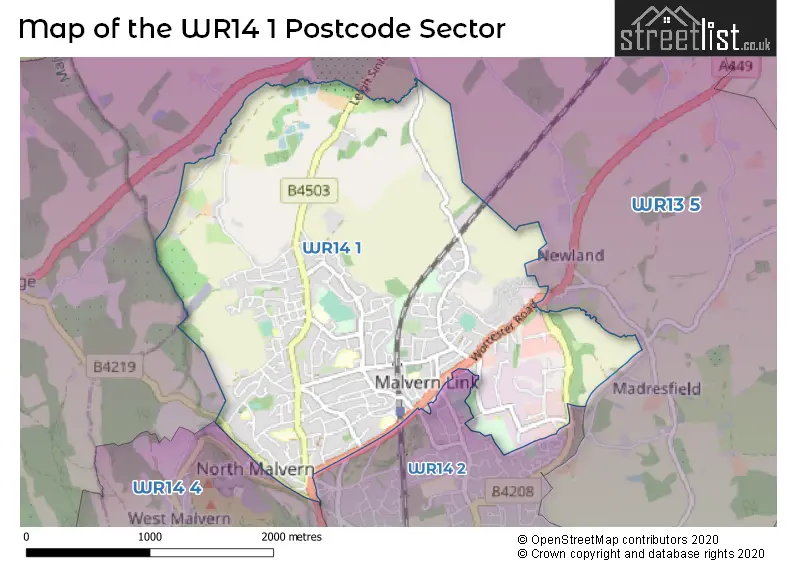 Map of the WR14 1 and surrounding postcode sector