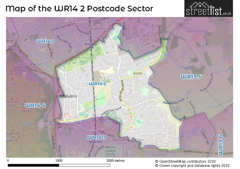 Map of the WR14 2 and surrounding postcode sector