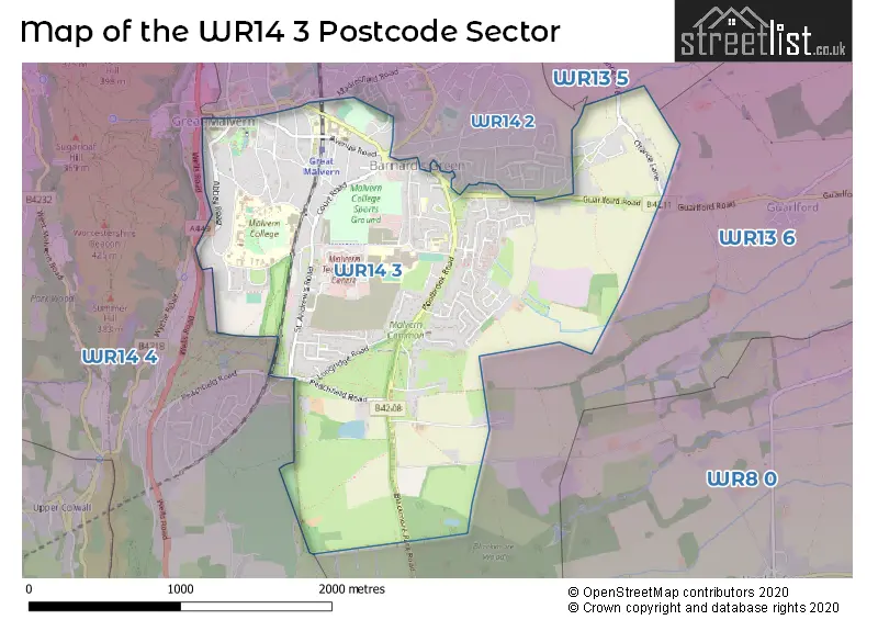 Map of the WR14 3 and surrounding postcode sector