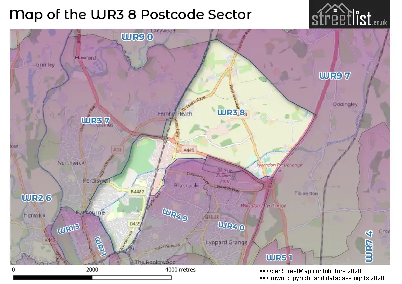 Map of the WR3 8 and surrounding postcode sector