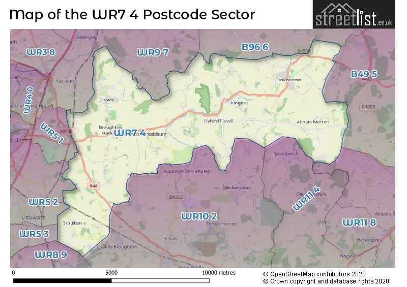 Map of the WR7 4 and surrounding postcode sector