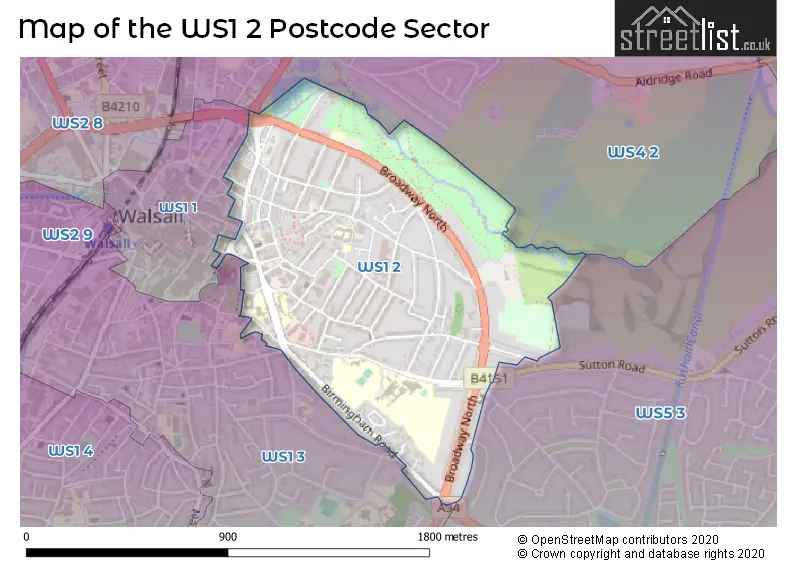 Map of the WS1 2 and surrounding postcode sector