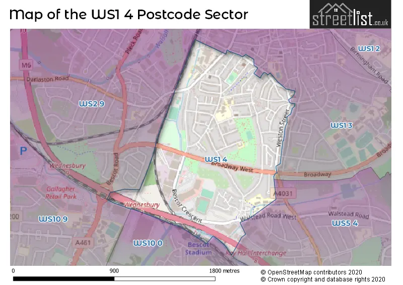 Map of the WS1 4 and surrounding postcode sector