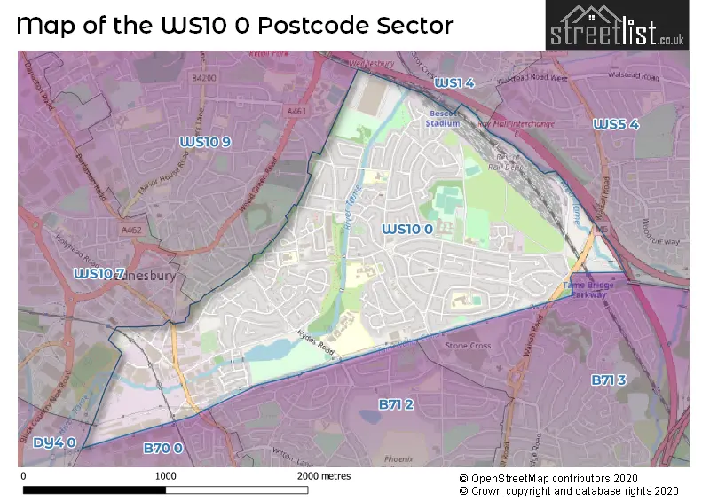 Map of the WS10 0 and surrounding postcode sector