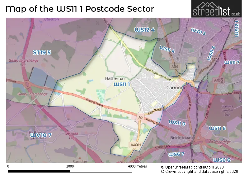 Map of the WS11 1 and surrounding postcode sector