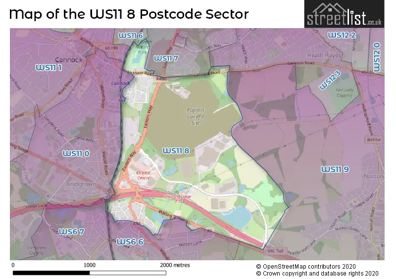 Map of the WS11 8 and surrounding postcode sector