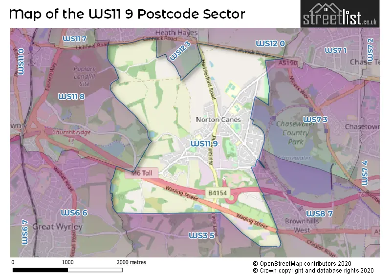 Map of the WS11 9 and surrounding postcode sector