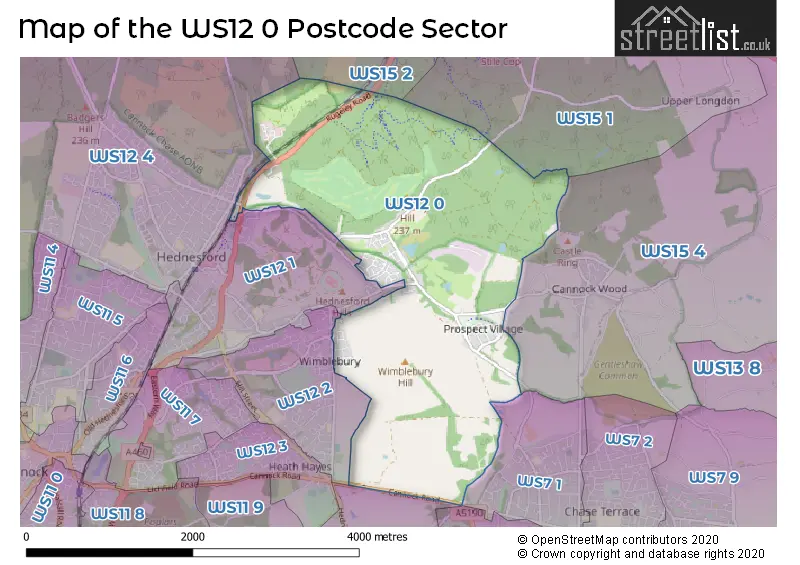Map of the WS12 0 and surrounding postcode sector