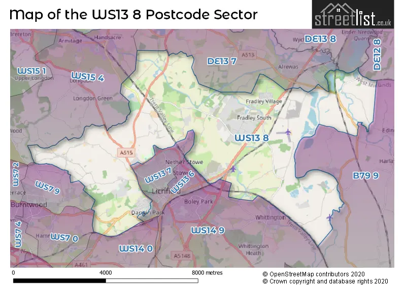 Map of the WS13 8 and surrounding postcode sector