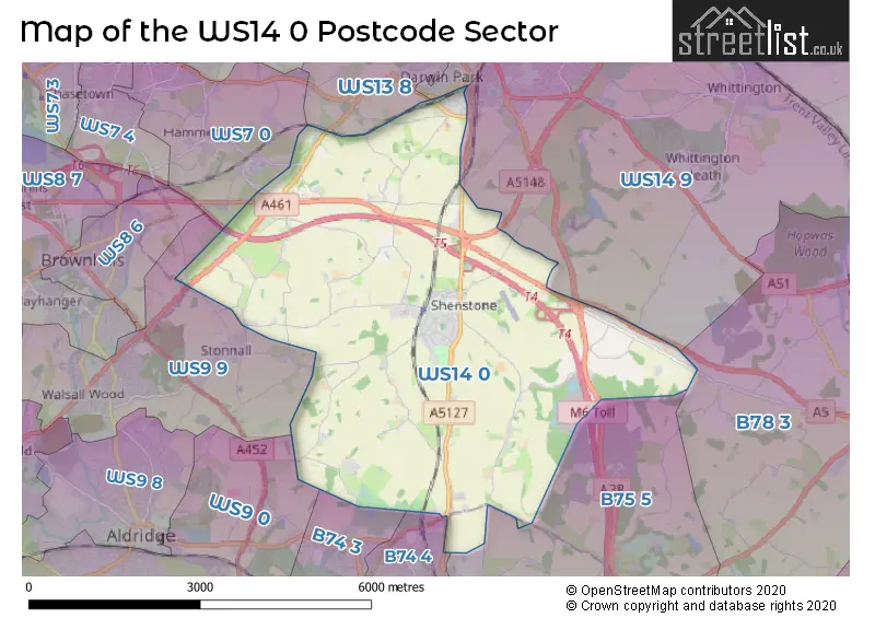 Map of the WS14 0 and surrounding postcode sector