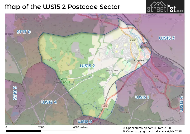 Map of the WS15 2 and surrounding postcode sector