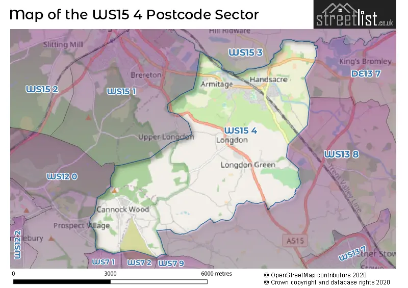 Map of the WS15 4 and surrounding postcode sector