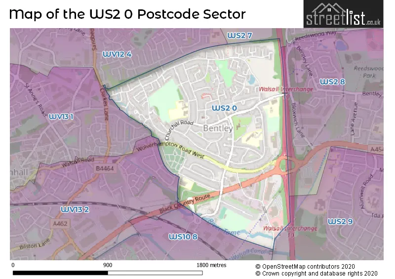 Map of the WS2 0 and surrounding postcode sector