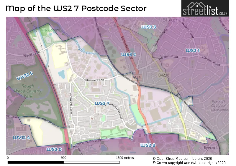 Map of the WS2 7 and surrounding postcode sector